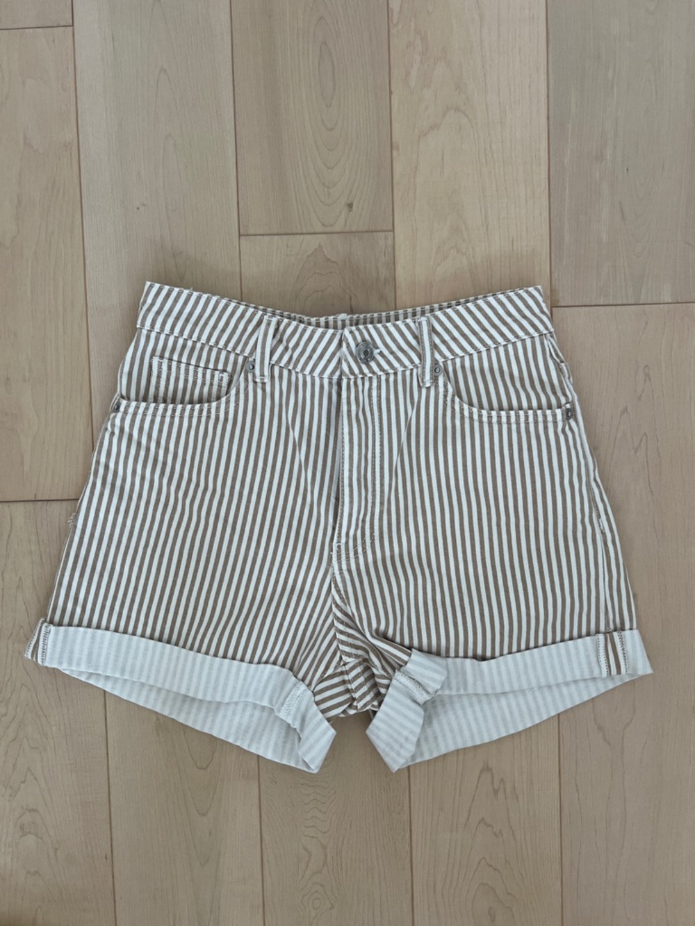 Mango Striped Roll-Cuff Jean Shorts - Beige & White